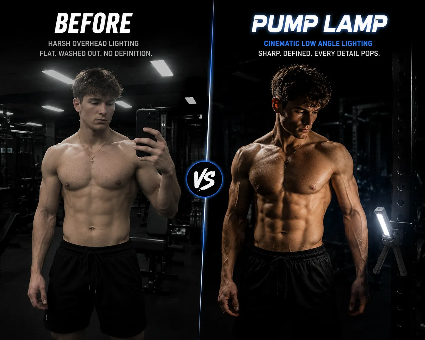 Before harsh overhead lighting vs PumpLamp cinematic low angle lighting